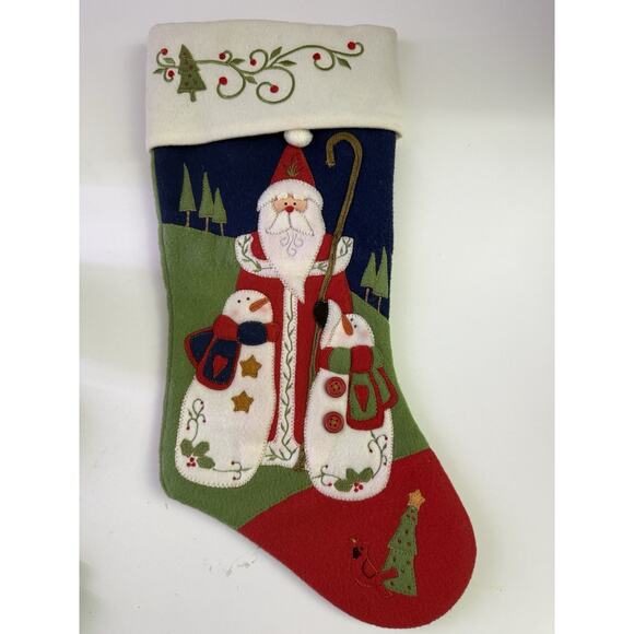 Santa With Xmas Tree Felt Christmas Stocking 20" Fleece Appliques - Picture 1 of 6